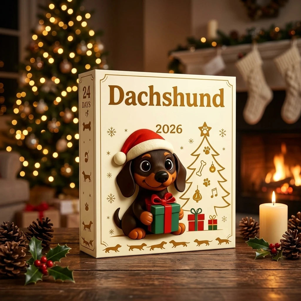 DogVent Calendar advent box by a Christmas tree and fireplace
