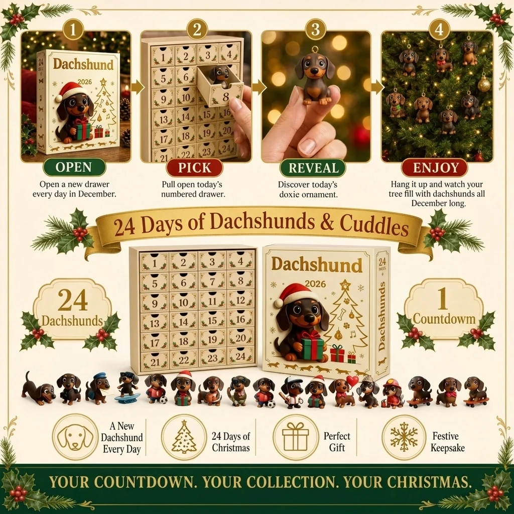 How the DogVent Calendar works: open, pick, reveal a doxie ornament, enjoy it on the tree