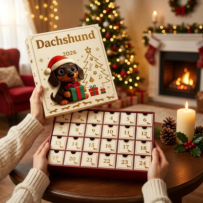Hands opening the DogVent Calendar revealing 24 numbered drawers